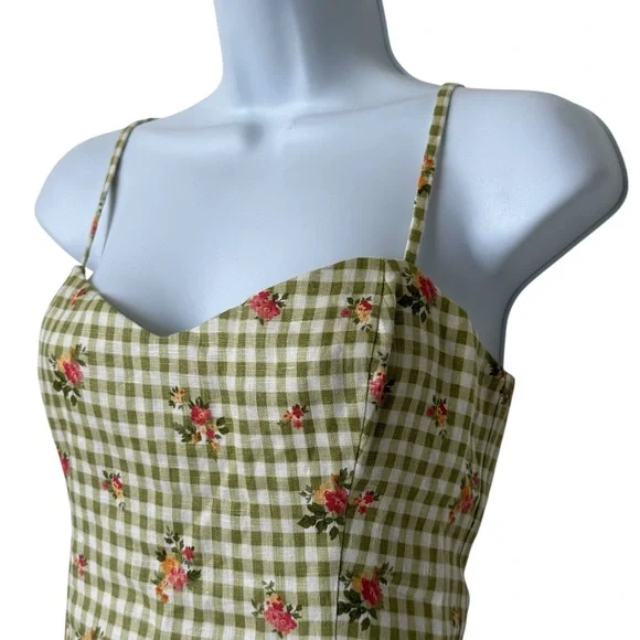 Reformation Roarke Linen Dress Patio Floral Checkered Feminine Dress 4 - Picture 12 of 13
